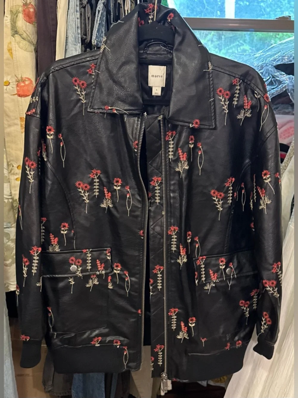 NWOT Anthropologie Maeve Faux Leather Floral-Embroidered Bomber Jacket - small - Picture 6 of 9